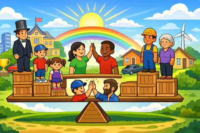 Egalitarian - Believing in or based on the principle that all people are equal and deserve equal rights and opportunities. (समतावादी)