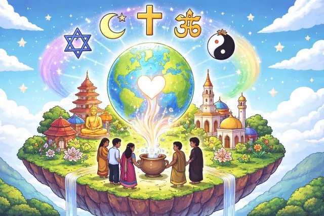 Syncretism - The combining of different beliefs, cultures, or schools of thought into one system. (समन्वयवाद)