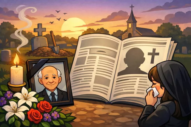 Obituary - A notice or article about a person’s death, often with details of their life.