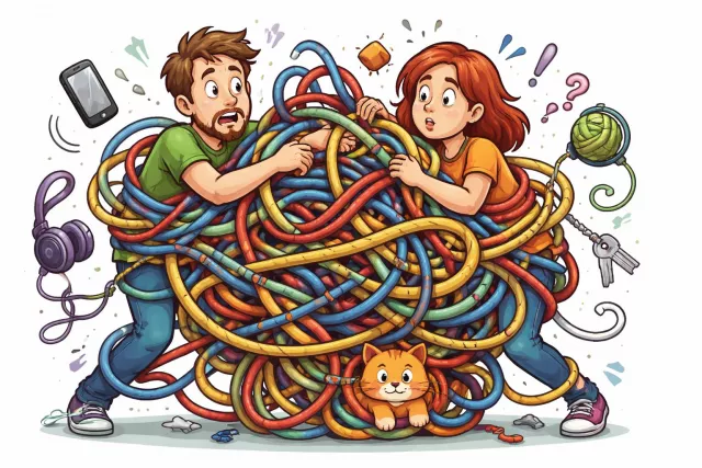 Entanglement - A complicated or confusing relationship or situation; the act or state of being twisted together.