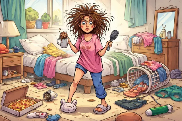 Disheveled - Untidy; having hair or clothes in a messy, unkempt state. (बिखरा हुआ)