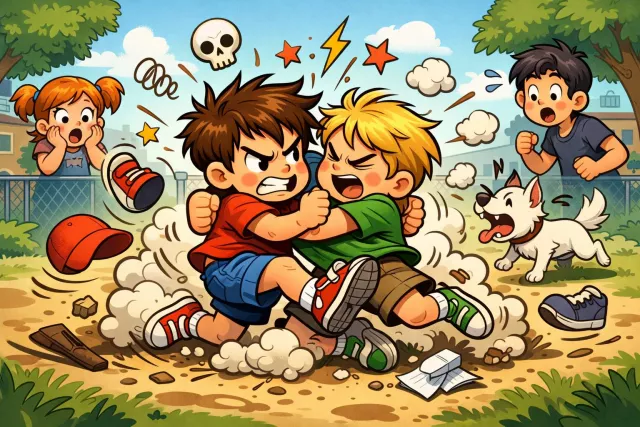 Scuffle - A short, sudden fight or struggle, usually without weapons. (झड़प)