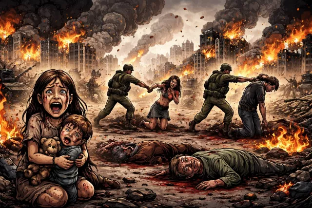 Atrocity - An extremely cruel or violent act, especially against innocent people. (अत्याचार)