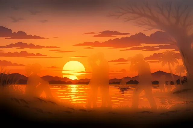 Silhouette - A dark outline or shape of a person or object seen against a lighter background.