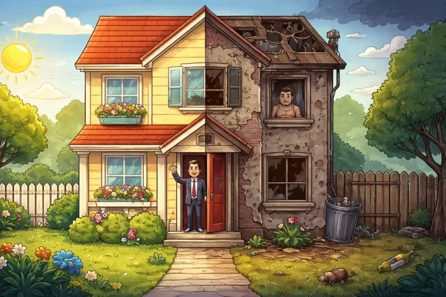 Facade - The front of a building, or an outward appearance that hides the true situation.
