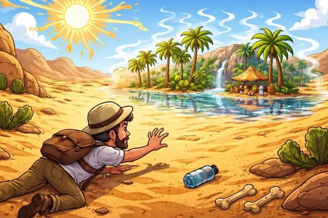 Mirage - An optical illusion, especially in a desert, or something that seems real but is not.
