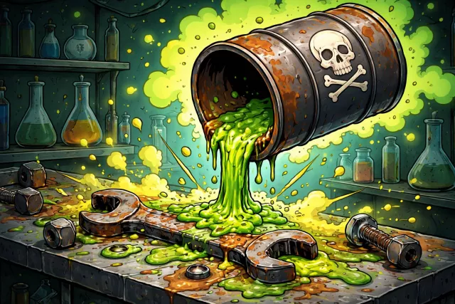 Corrosive - Able to destroy or damage something gradually by chemical action; harshly destructive.