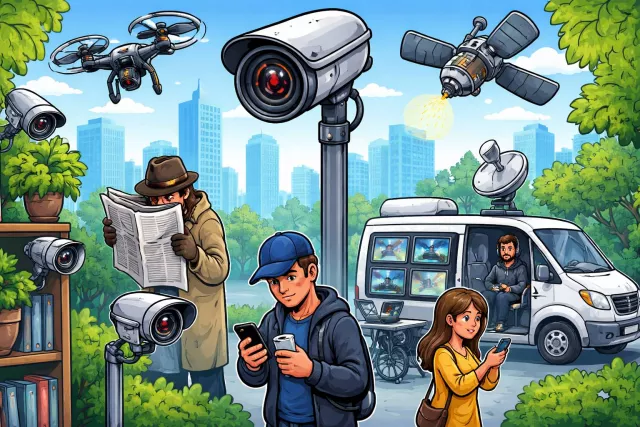 Surveillance - Close observation, especially of a person or place, often by authorities to prevent crime.
