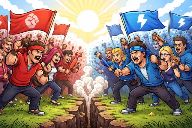 Faction - A small organized group within a larger group, often with different opinions or goals. (गुट)