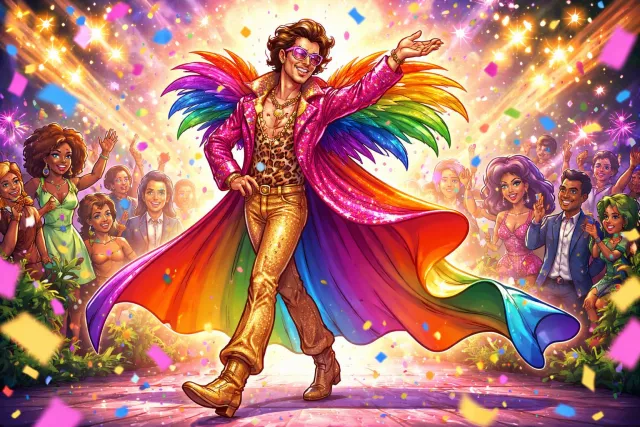 Flamboyant - Showy, flashy, and confident in a way that attracts attention. (चमक-दमक वाला)