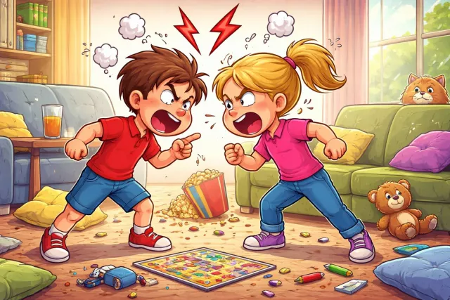 Squabble - Argue or fight noisily over a small or unimportant matter. (छोटी बात पर झगड़ा करना)