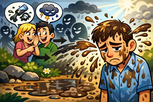 Aspersion - A damaging or false remark meant to harm someone’s reputation. (लांछन)