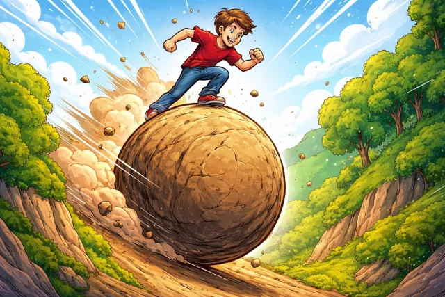 Momentum - The force or speed gained by motion; the drive that keeps an activity moving forward. (गति)