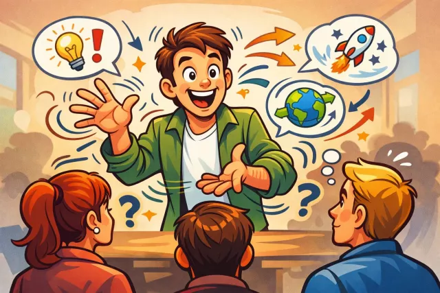 Gesticulate - Use gestures, especially exaggerated ones, while speaking. (हाथों के इशारे करना)