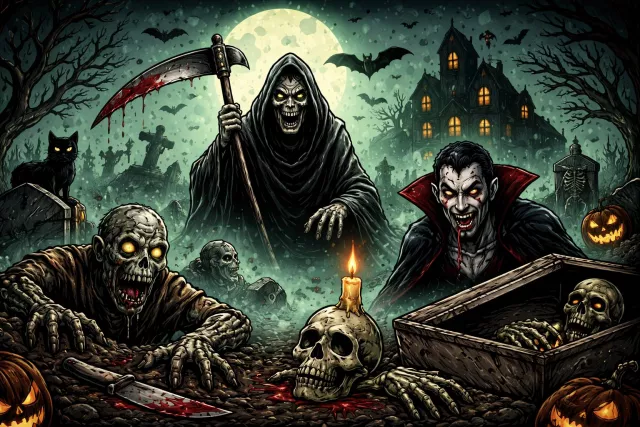 Macabre - Disturbingly grim or concerned with death. (मृत्यु से संबंधित भयावह)