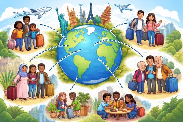 Diaspora - A community of people living outside their original homeland, often spread across different countries. (प्रवासी समुदाय / मातृभूमि से बाहर फैला समुदाय)