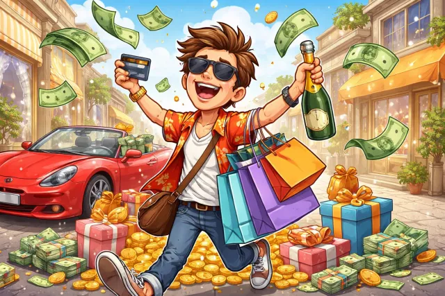 Spendthrift - A person who spends money in an extravagant and wasteful way.