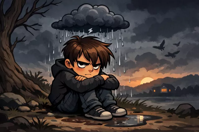 Sullen - Bad-tempered and silent; showing gloom or resentment. (उदास और चिड़चिड़ा)
