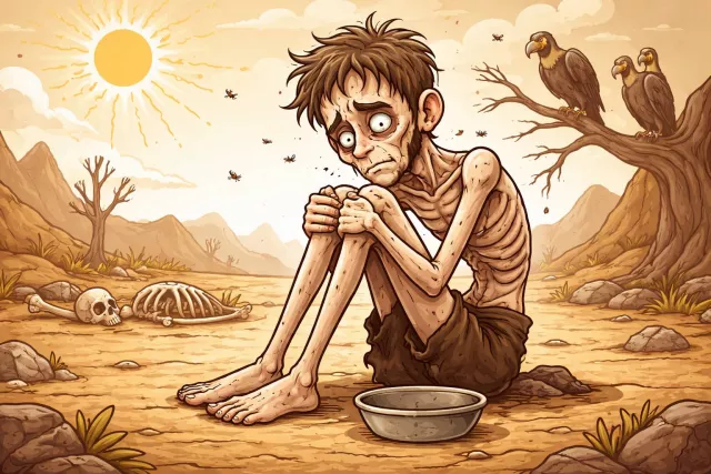 Emaciated - Extremely thin and weak, usually due to illness or lack of food. (अत्यंत दुबला-पतला; क्षीण)