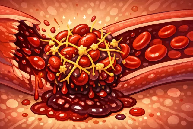 Coagulate - Change from a liquid to a semi-solid or solid state, especially by clotting.