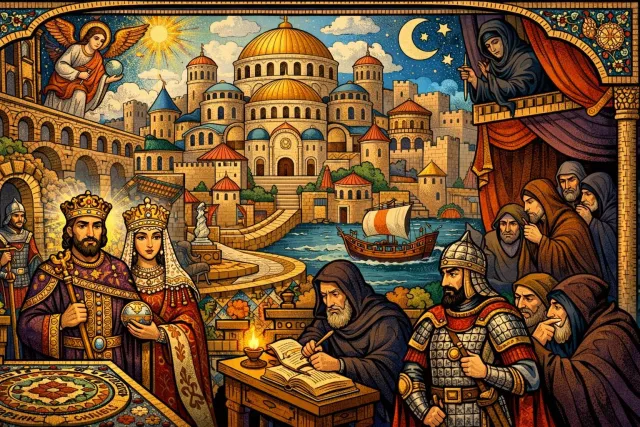 Byzantine - Extremely complex, intricate, and often confusing; also relating to the Byzantine Empire.