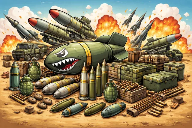 Ordnance - Military weapons, ammunition, and artillery used in warfare. (सैन्य हथियार और गोला-बारूद)