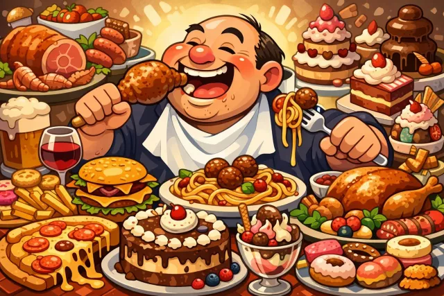 Gourmand - A person who enjoys eating and often eats too much.