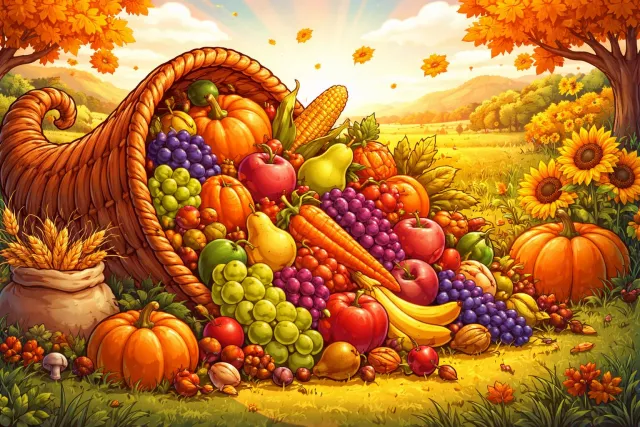 Cornucopia - An abundant supply; a horn-shaped symbol of plenty. (समृद्धि का प्रतीक)