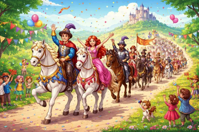 Cavalcade - A procession of people, vehicles, or horses moving along together, often for celebration or display. (शोभायात्रा)