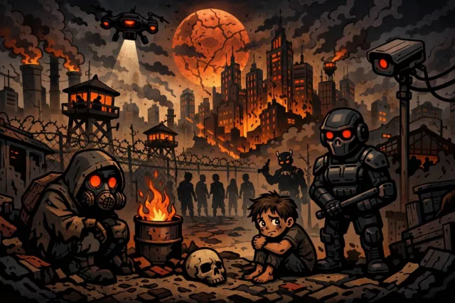 Dystopia - An imagined state or society where there is great suffering or injustice, often ruled in an oppressive, frightening way. (दुःस्वप्नलोक)