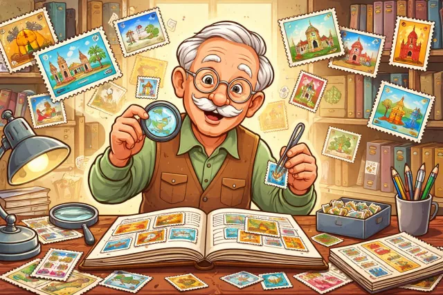 Philatelist - A person who collects and studies postage stamps. (टिकट-संग्राहक)