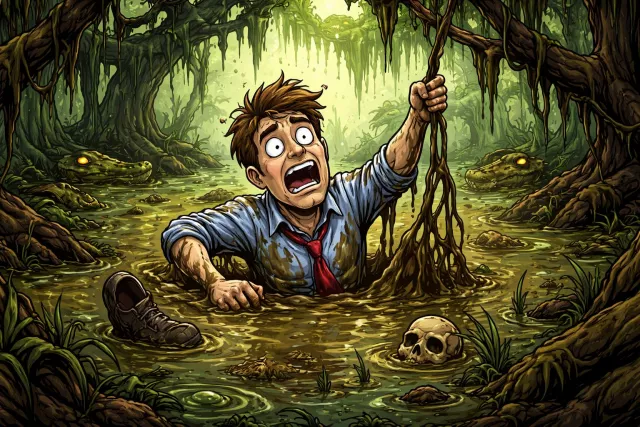 Morass - A complicated or confused situation that is difficult to escape from; also, a swampy area of land.