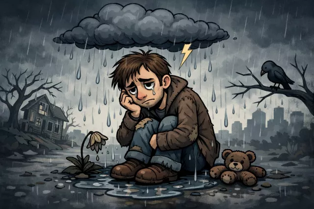 Woebegone - Looking very sad or miserable.