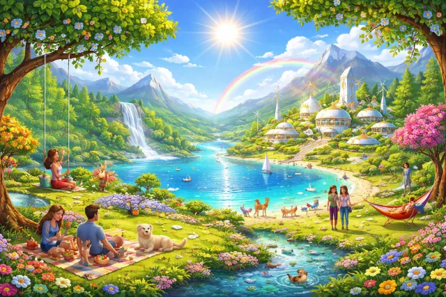 Utopia - An imagined perfect society where everything is ideal. (आदर्श लोक)