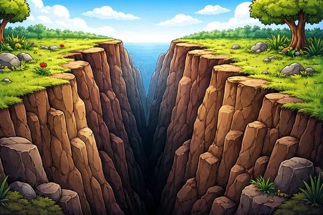 Chasm - A deep fissure or gap in the earth, rock, or another surface; a wide difference between two groups or ideas.