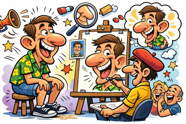Caricature - A picture, description, or imitation that exaggerates a person’s features for comic effect.