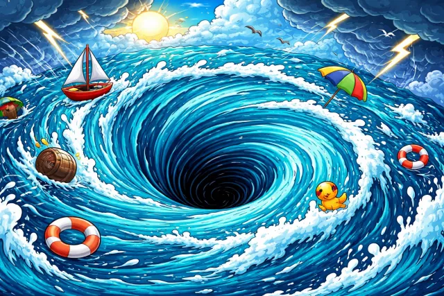 Vortex - A mass of swirling fluid or air, especially a whirlpool or whirlwind; a situation that draws everything into it. (भंवर)