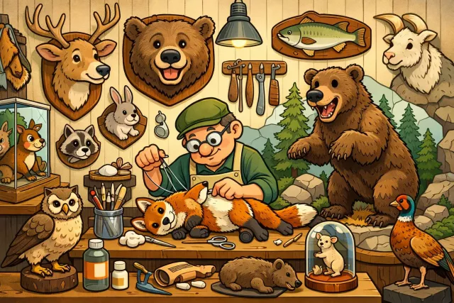 Taxidermy - The art of stuffing and preserving the skin of a dead animal to make it look lifelike. (मृत पशु की खाल भरकर उसे प्राकृतिक रूप में संरक्षित करने की कला)