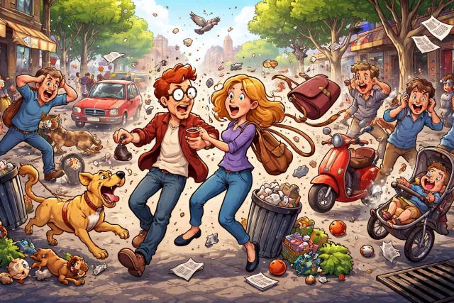 Commotion - A state of confused and noisy disturbance.