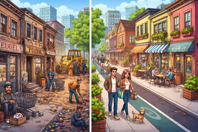 Gentrification - The process by which a poor or old area becomes improved and more expensive, often forcing poorer residents to leave.