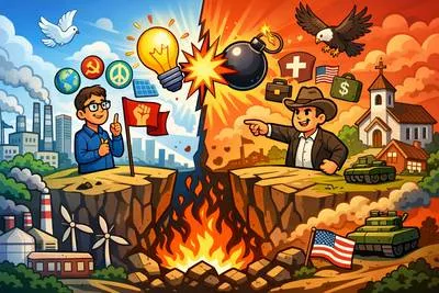 Ideological - Relating to a system of ideas, beliefs, or principles, especially about politics or society.