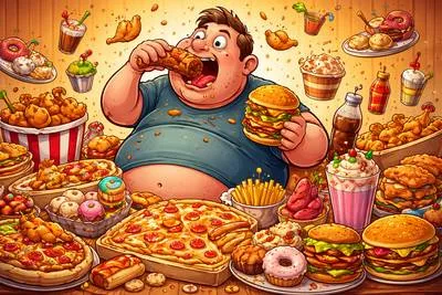 Glutton - A person who eats too much or is excessively greedy for food. (पेटू व्यक्ति)