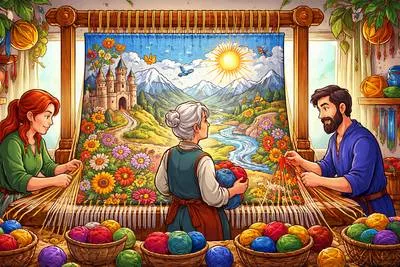 Tapestry - A piece of thick woven cloth with patterns or pictures, often used as a wall hanging or decoration.