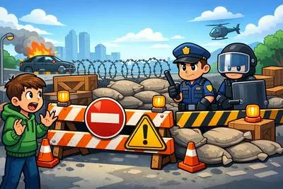 Barricade - A barrier built across a road, door, or path to block passage or protect against danger.