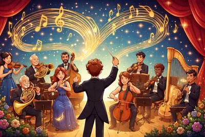 Symphony - A long and complex musical composition for a full orchestra; a harmonious combination of sounds.