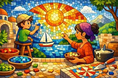 Mosaic - A picture or pattern made by fitting together small pieces of colored stone, glass, or tile; a mixture of diverse elements forming a whole.
