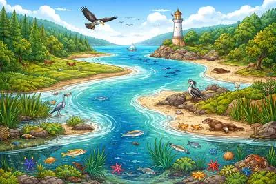 Estuary - The wide part of a river where it meets the sea; a tidal river mouth.