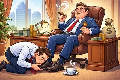 Truckle - Behave in a submissive or flattering way toward someone in order to gain advantage. (चापलूसी करते हुए अधीन हो जाना)