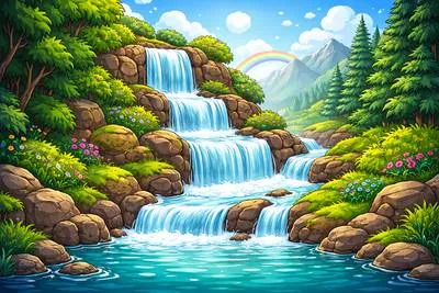 Cascade - A small waterfall or a large amount of something falling or happening in quick succession.