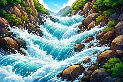Torrent - A strong and fast-moving stream of water or a large amount of something coming suddenly and forcefully.